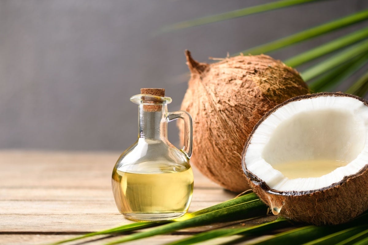 Coconut oil, liquid at warm room temperature.