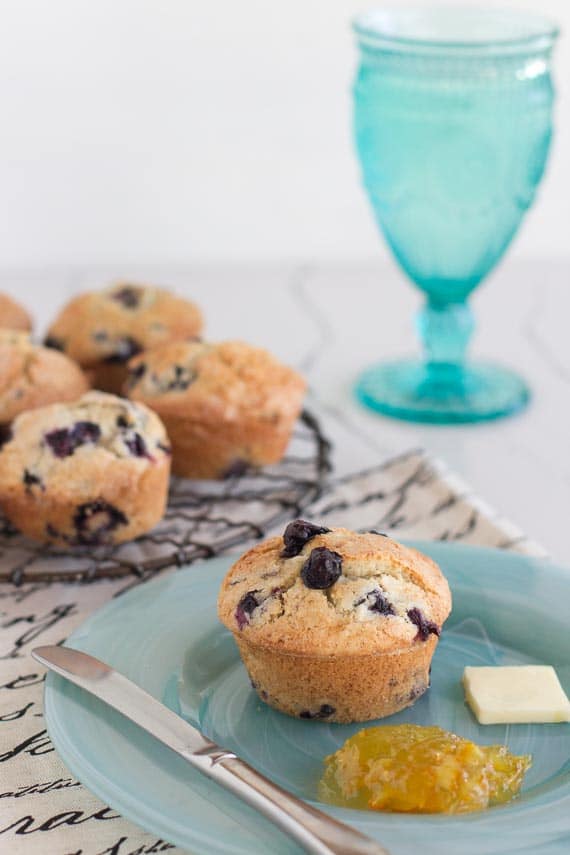 low FODMAP blueberry muffin, vertical image on aqua plate