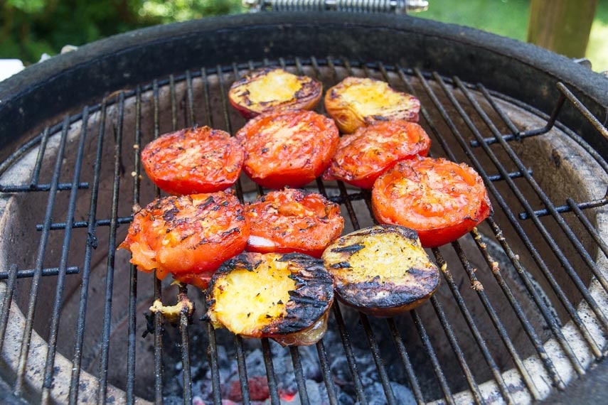 tomatoes and peaches on the grill for Grilled Tomato and Peach Salsa
