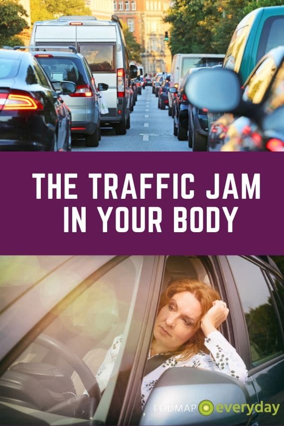 Two photos - one of a traffic jam, the other of a frustrated woman trapped in a traffic jam. 
