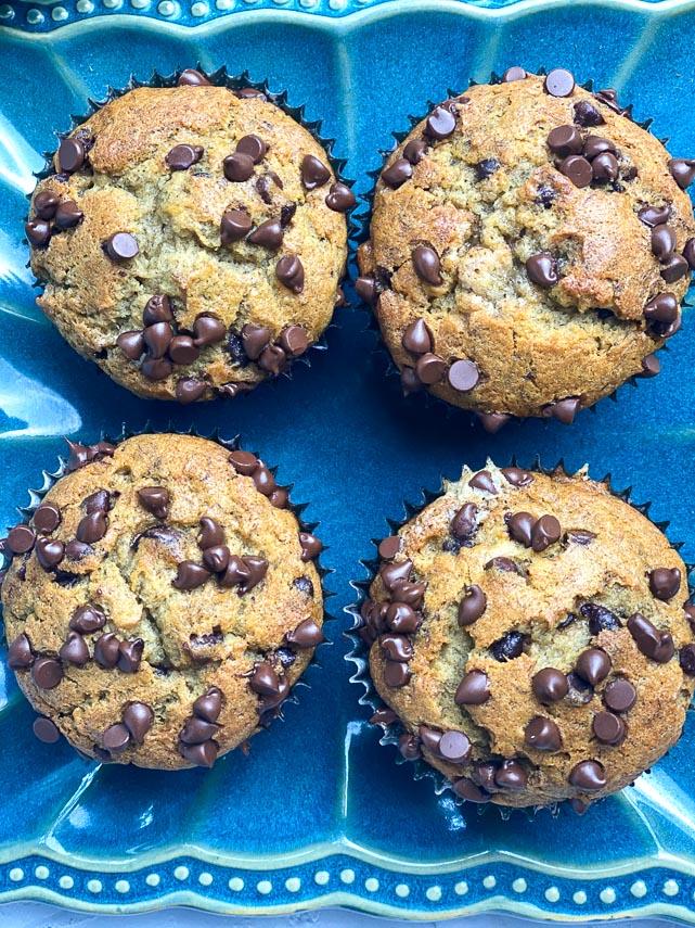 Low FODMAP Banana Chocolate Chip Muffins on a blue plate
