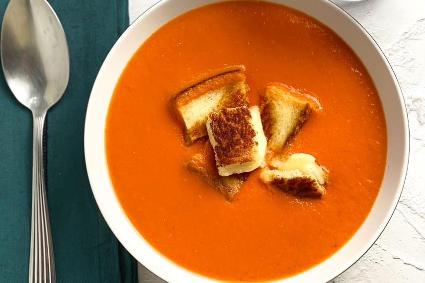Fresh Tomato Soup with Grilled Cheese Croutons