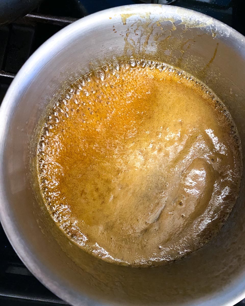 wet mixture just brought to a boil in pan