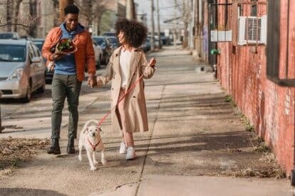 couple walking dog.