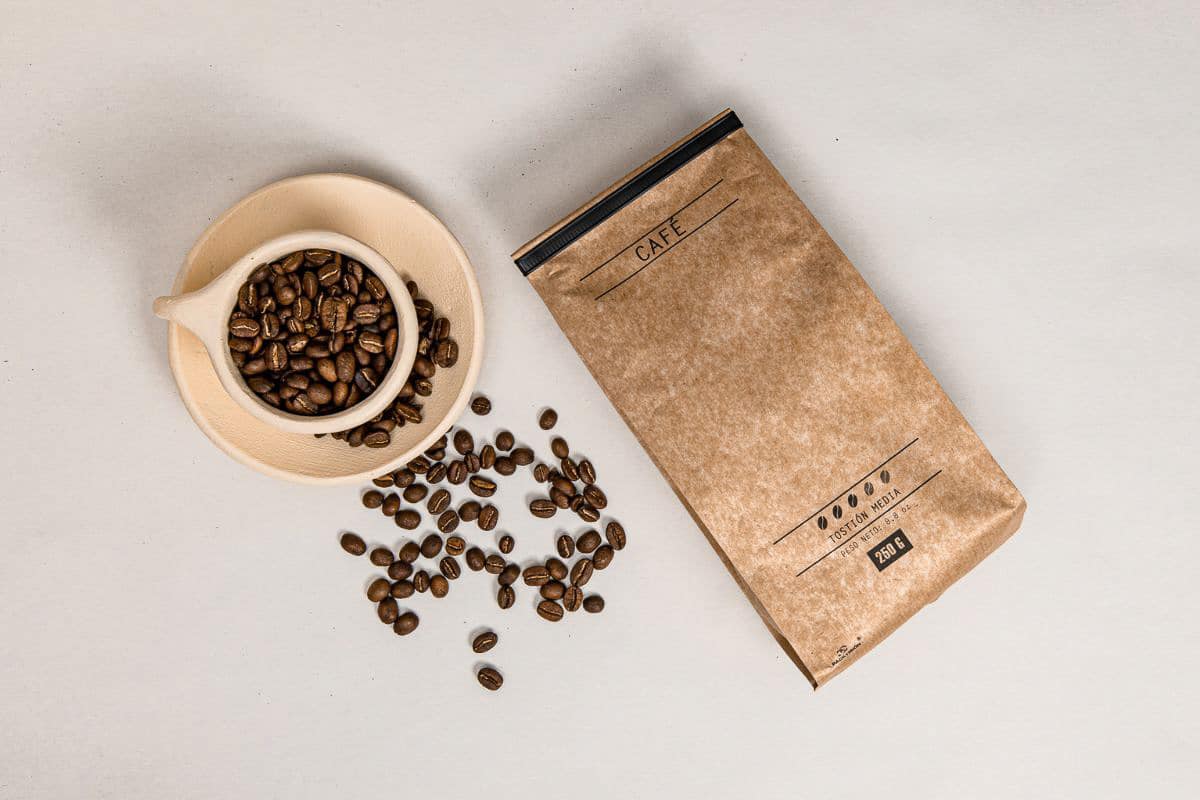 coffee beans and bag.