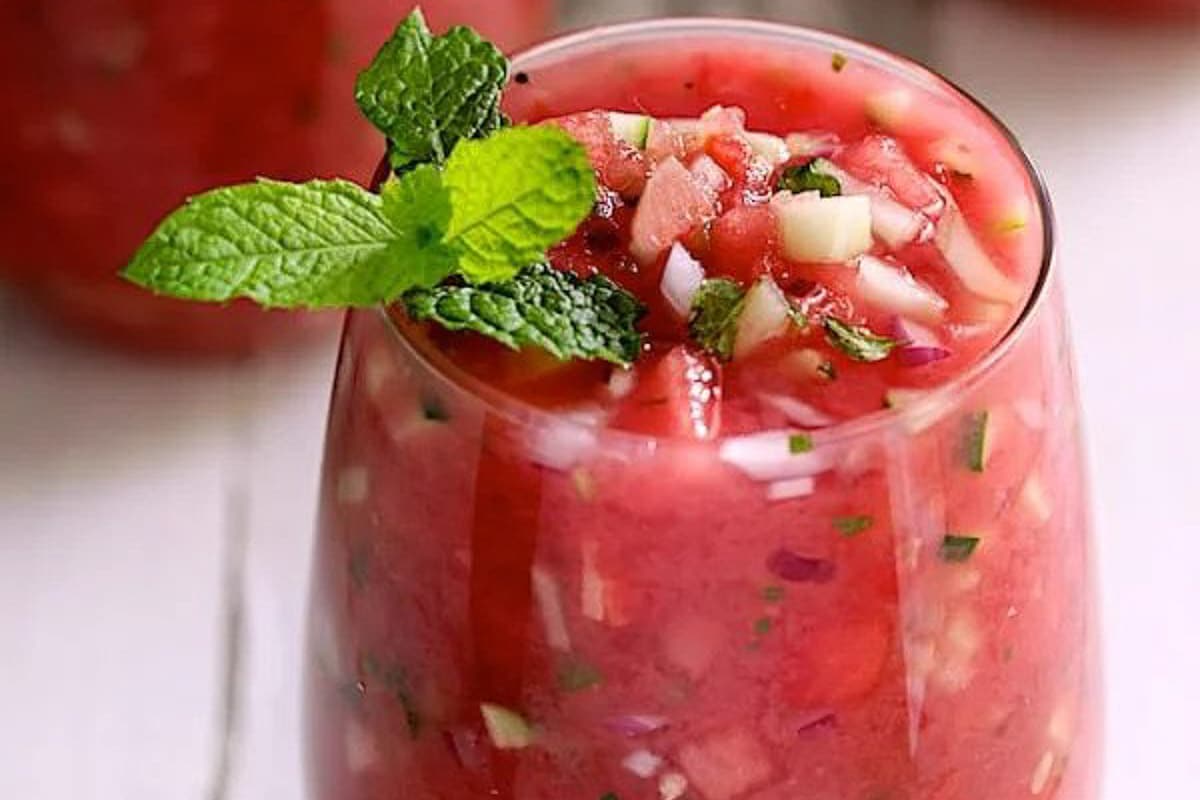 Watermelon gazpacho with chiles and mint.