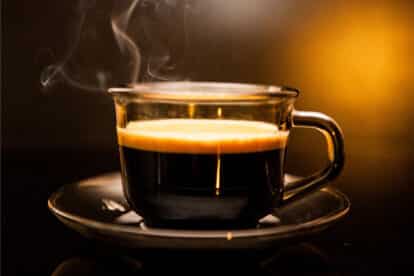 steaming cup of coffee.
