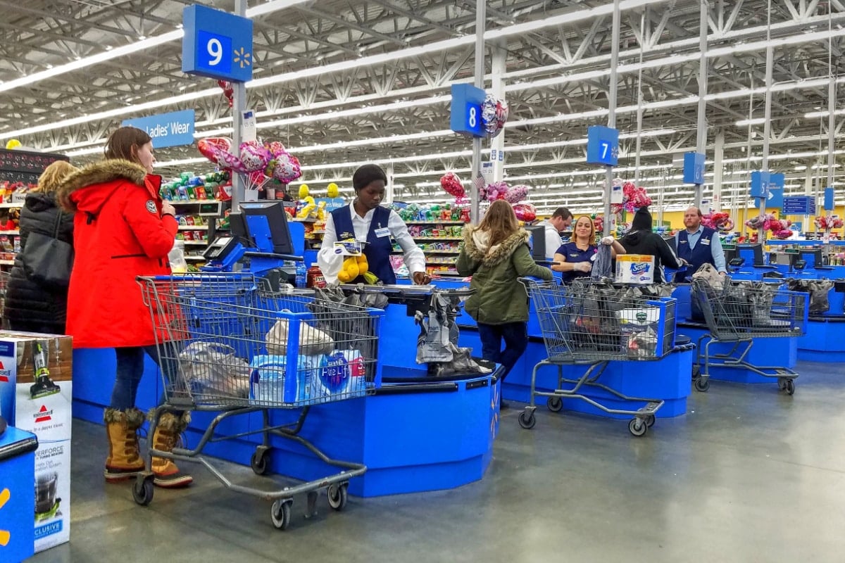 HDR image, Walmart retailer store cash register check out lanes, paying customers