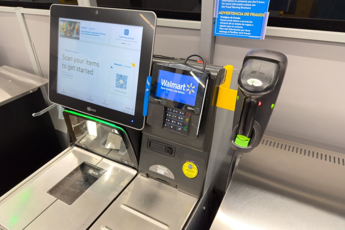 Los Angeles, CA - October 5, 2023: Closeup of a self check out register inside of local Walmart supercenter store.