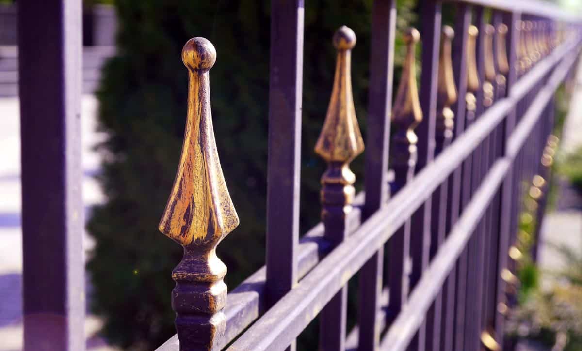 Metal fence with gold accents.