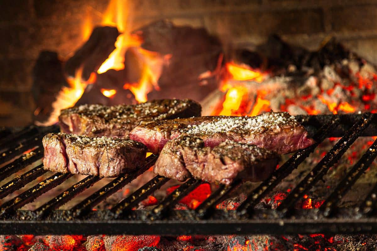 steak cooking on live fire. 