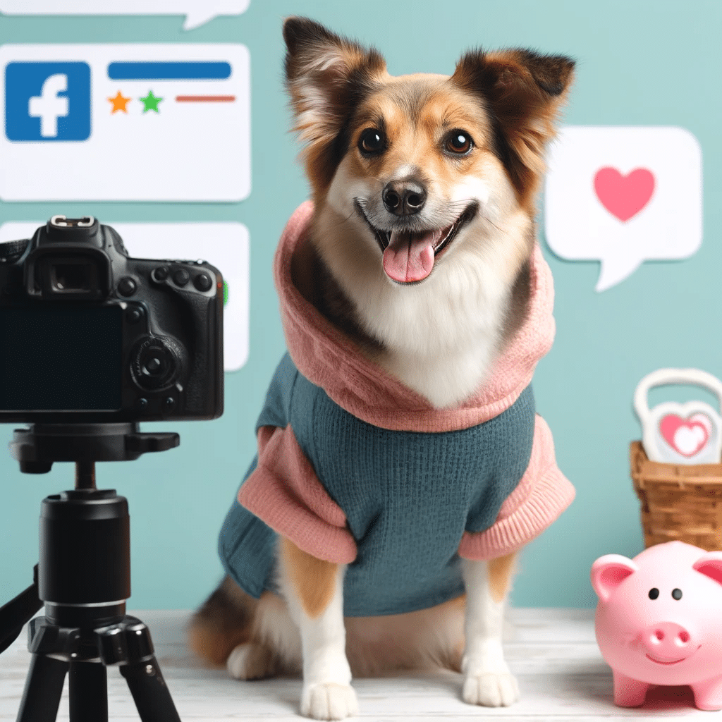 A dog posing in front of a camera setup for a social media post