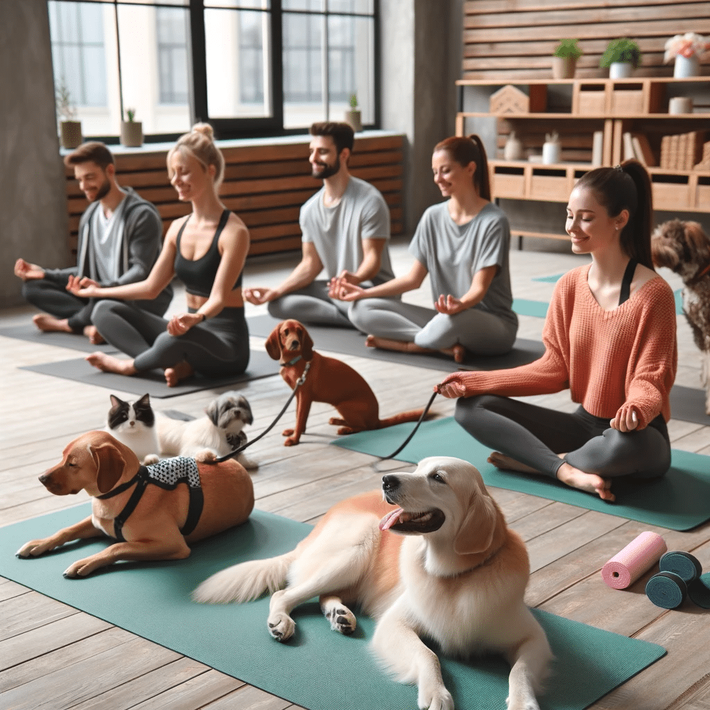 A group of people and their pets participating in a pet yoga class