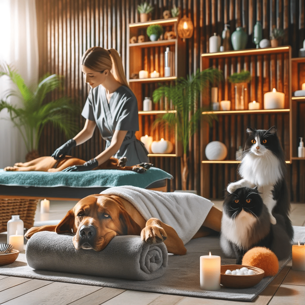 A luxurious pet spa setting with a dog getting a massage and a cat enjoying a grooming session