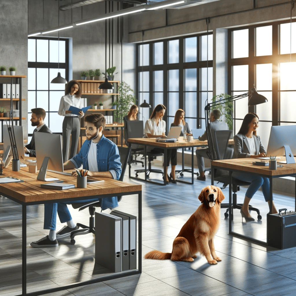 A modern office workspace with employees working at desks