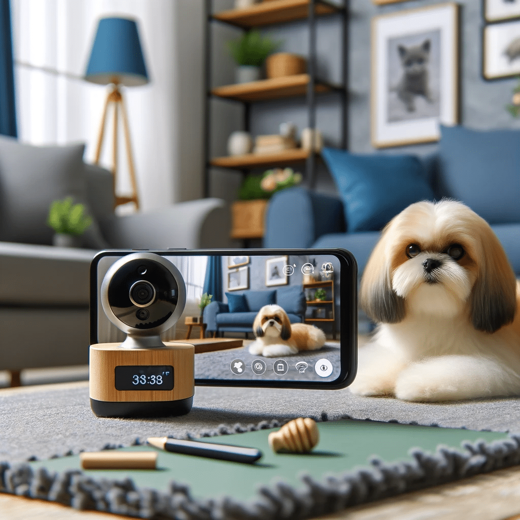 A modern pet camera setup in a living room, showing a live feed of a pet on a smartphone screen
