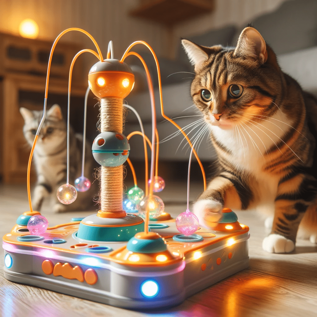 A playful cat interacting with an automated interactive pet toy