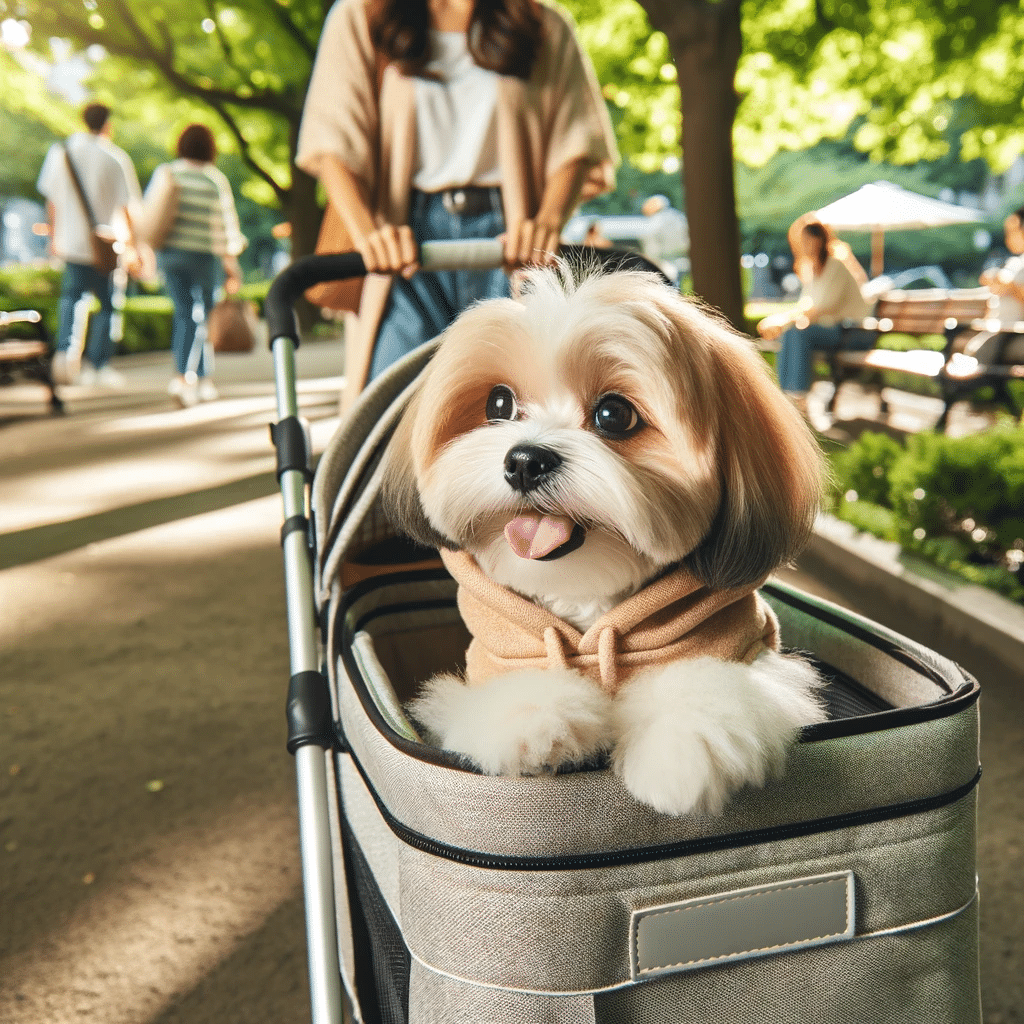 A small dog in a pet stroller