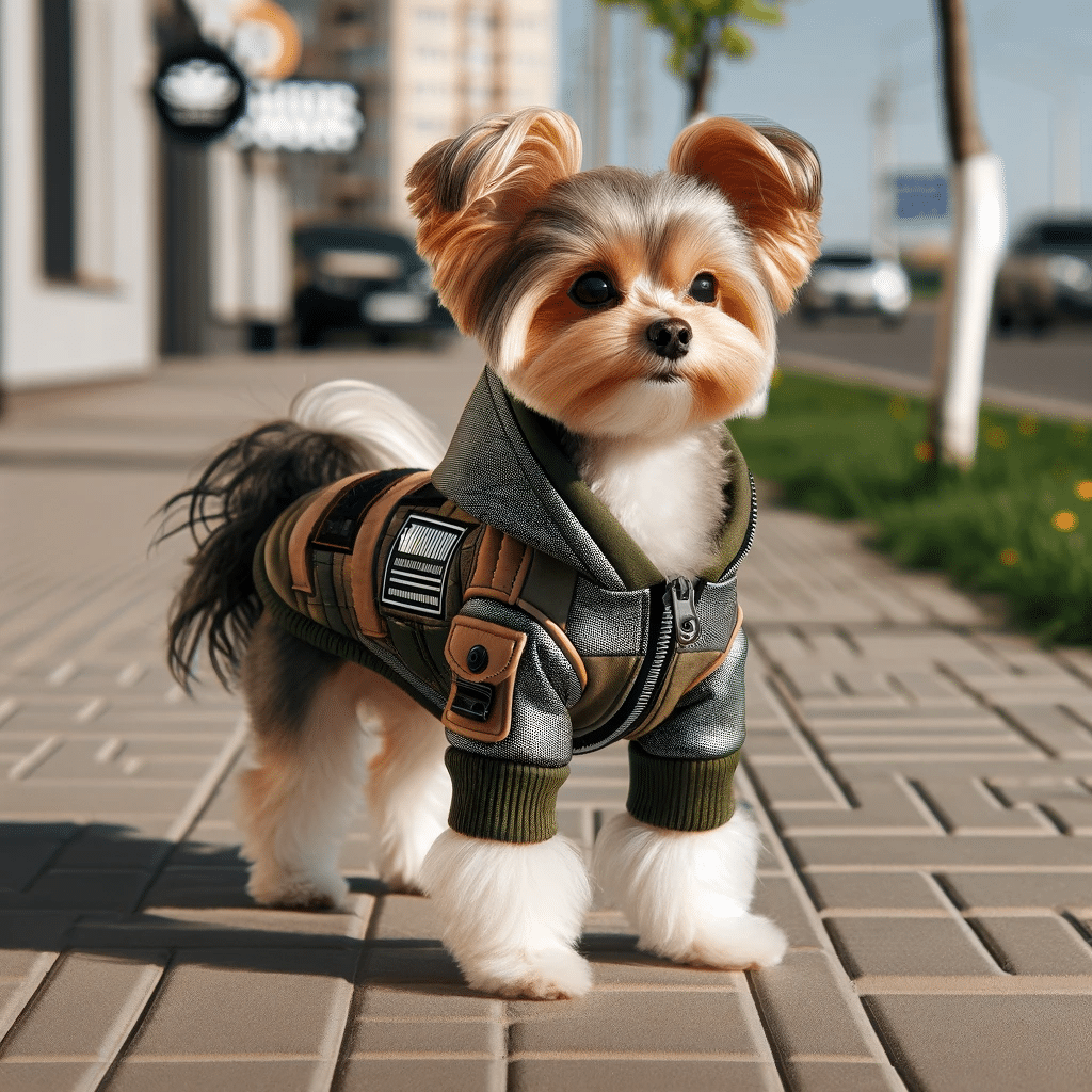 A small dog wearing a stylish custom jacket (1)