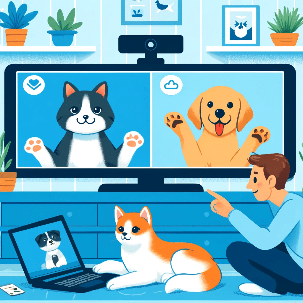 Pets interacting with each other through video calls on a computer or tablet screen