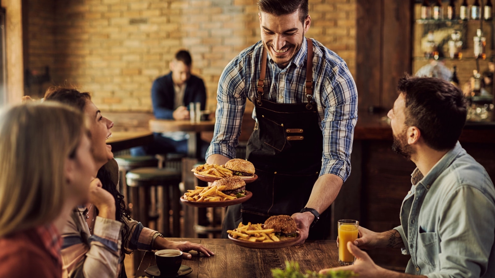 eating fries in restaurant. 