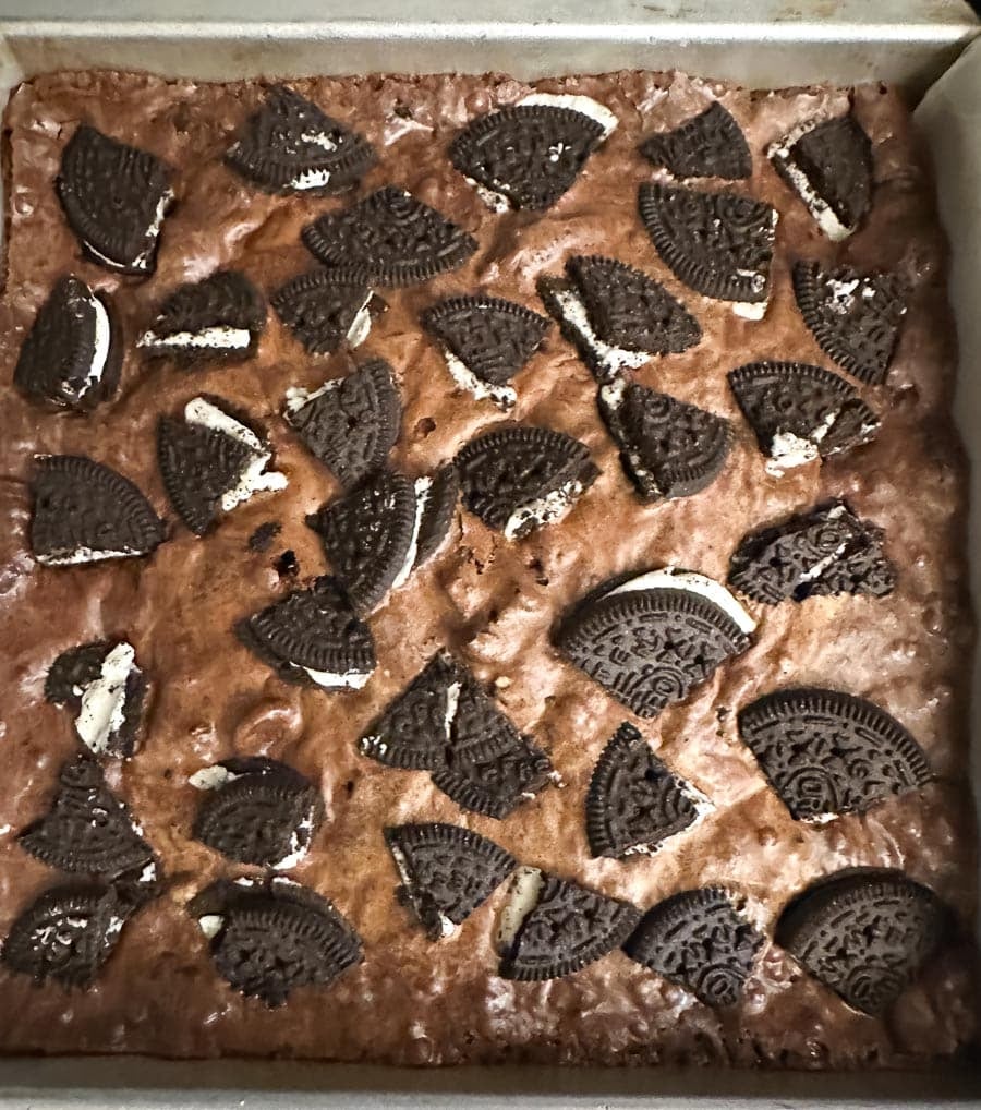 baked Oreo brownie batter in pan.