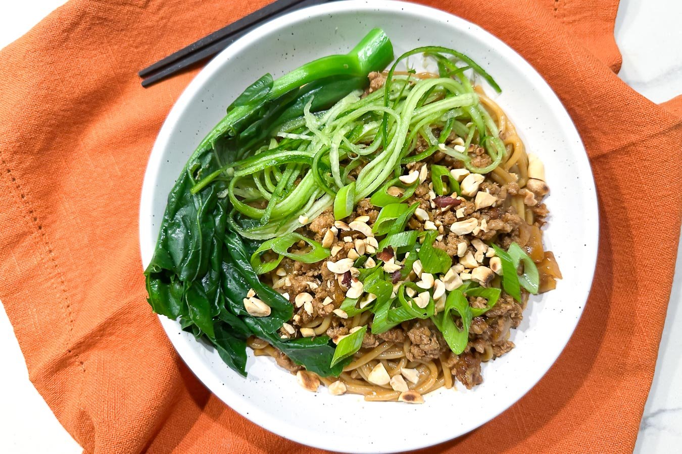 Low FODMAP Dan Dan Noodles in bowl.