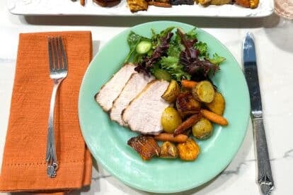 Low FODMAP Maple Glazed Pork Loin with Root Vegetables main image.