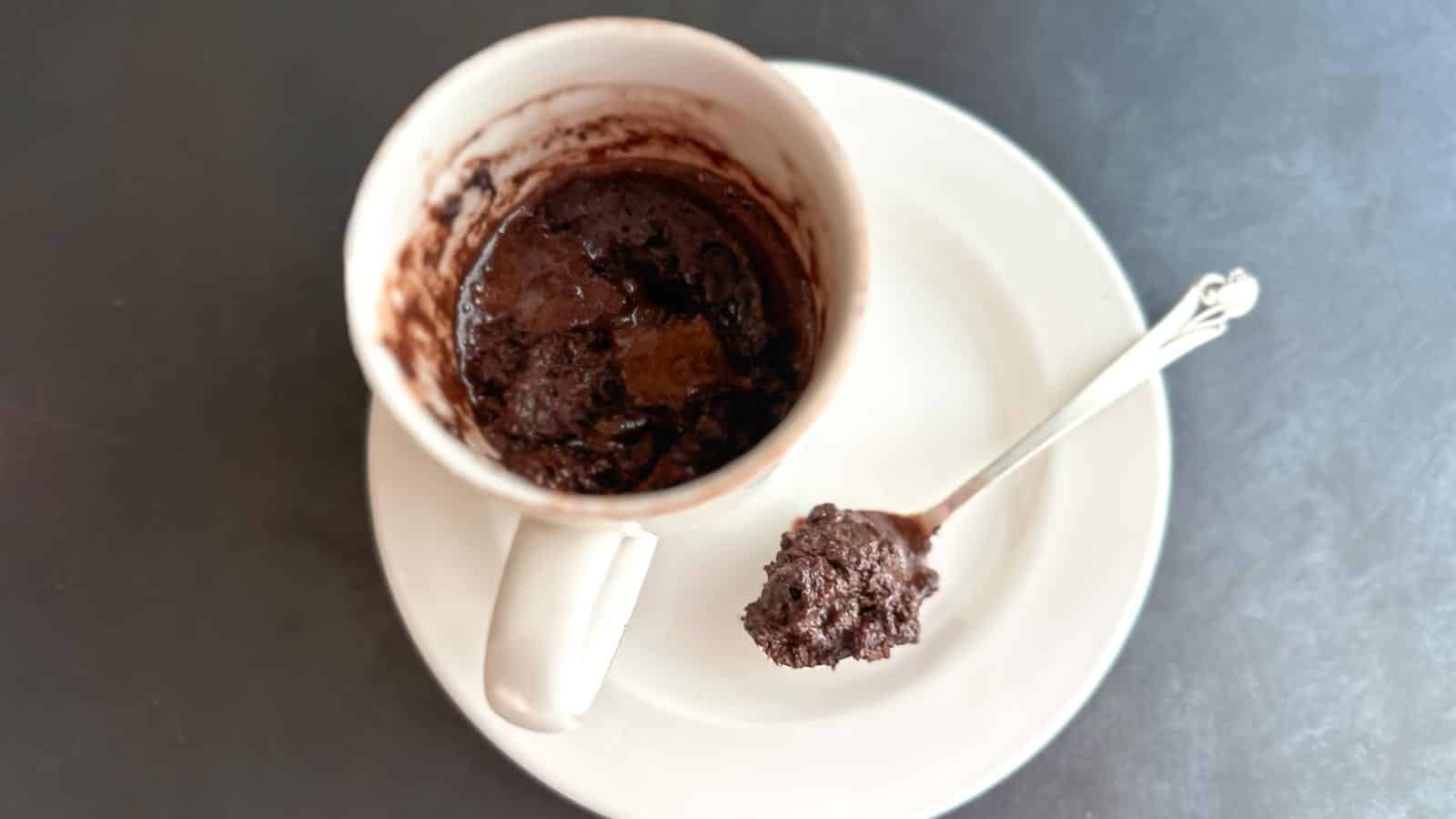 Low FODMAP High Protein Chocolate Mug Cake in ceramic mug with spoon. Ready to eat.