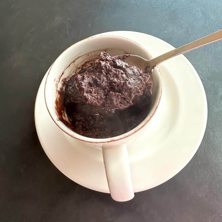 Low FODMAP High Protein Chocolate Mug Cake in ceramic mug with spoon.