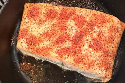 Main Cooked Salmon in skillet.