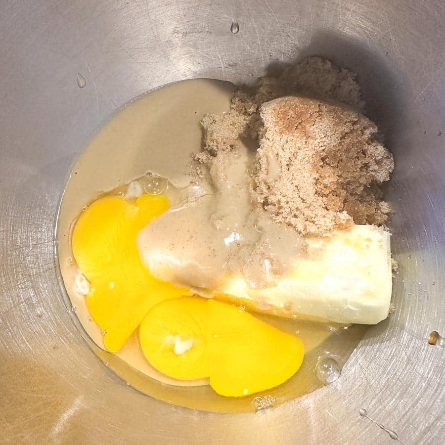 butter tahini eggs and sugars in bowl.