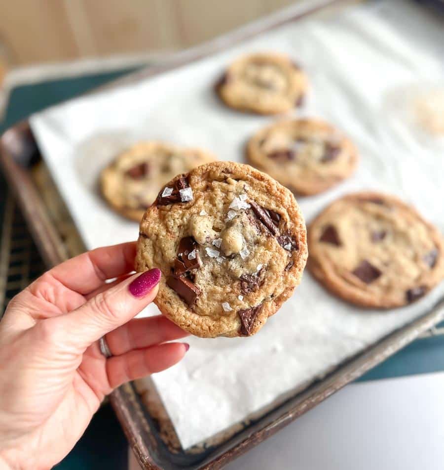 closeup of salted tahini chocolate chunk cookie.